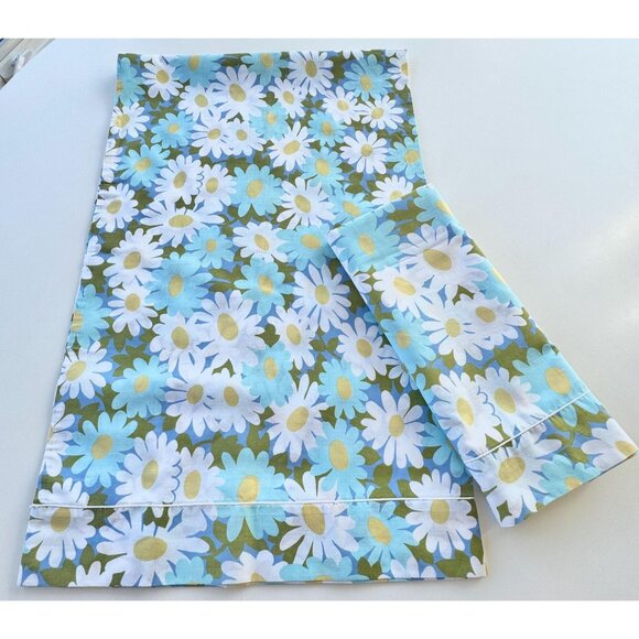 Vintage 70s bolster pillowcases, blue, avocado crazy daisies, floral, pair - Picture 1 of 7